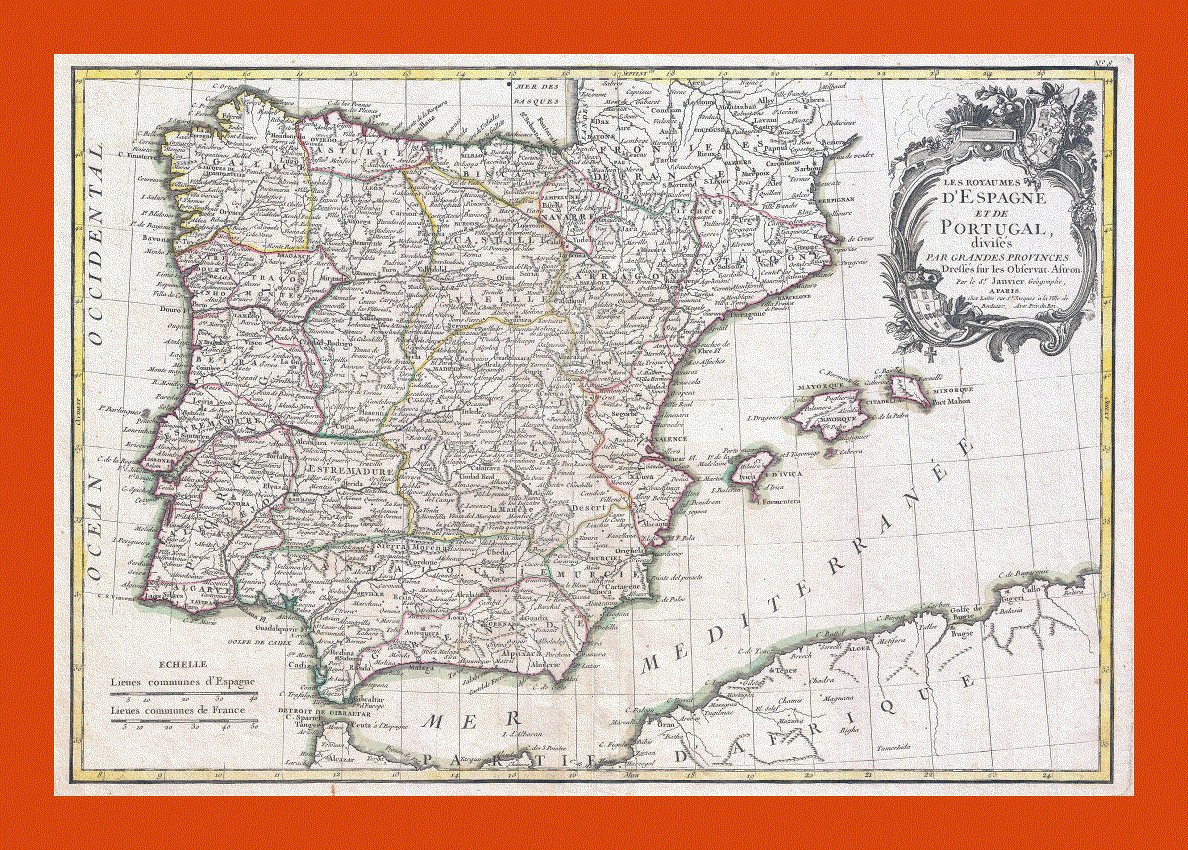 Old political and administrative map of Spain and Portugal - 1775