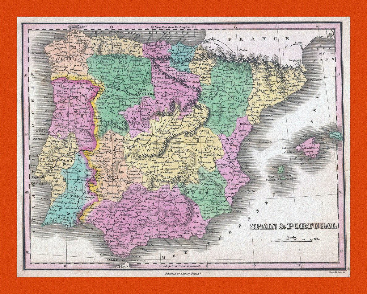 Old political and administrative map of Spain and Portugal - 1827