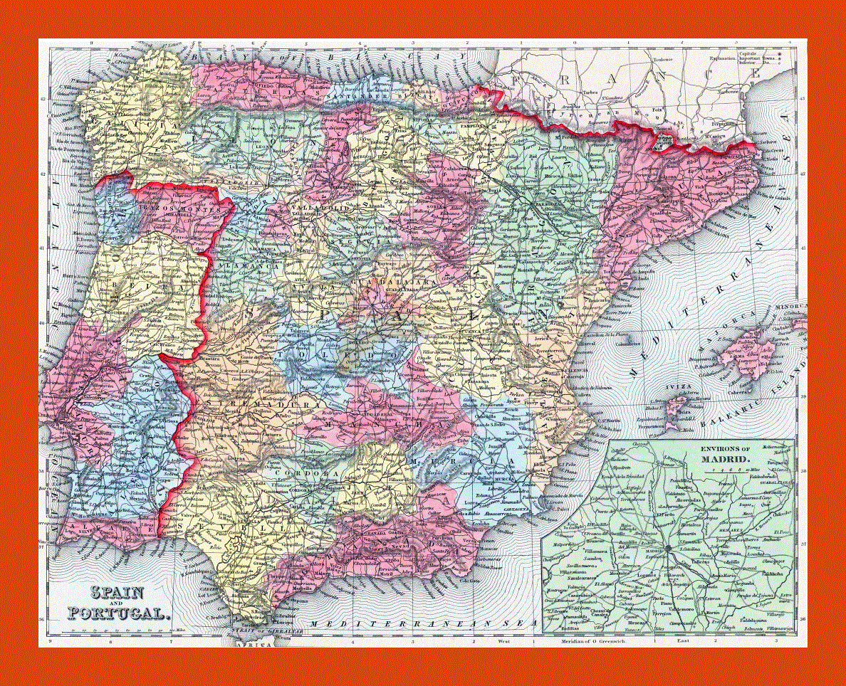 Old political and administrative map of Spain and Portugal - 1857
