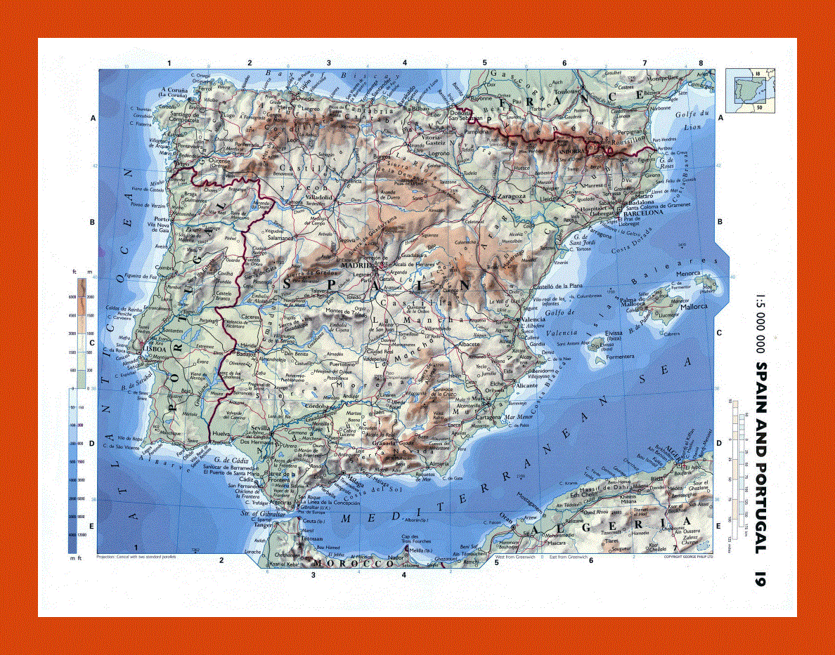 Physical map of Spain and Portugal