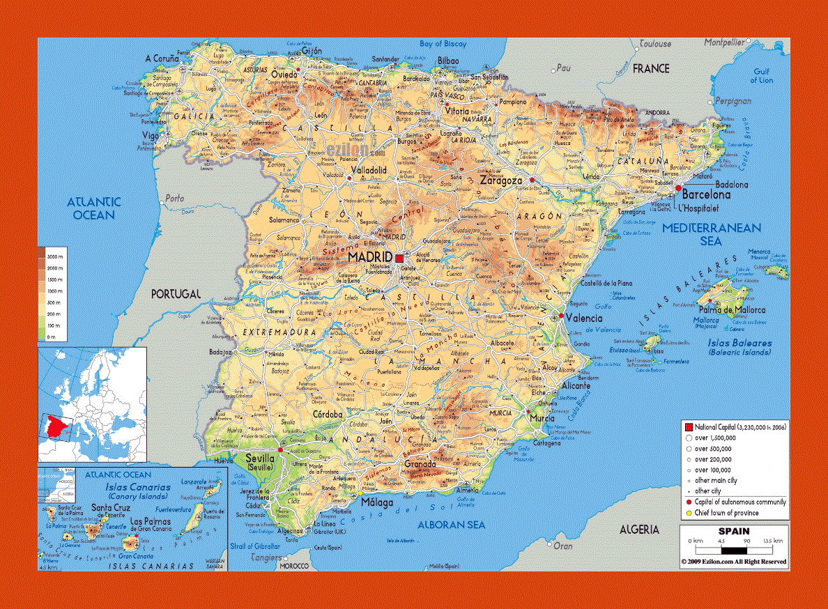 Physical map of Spain