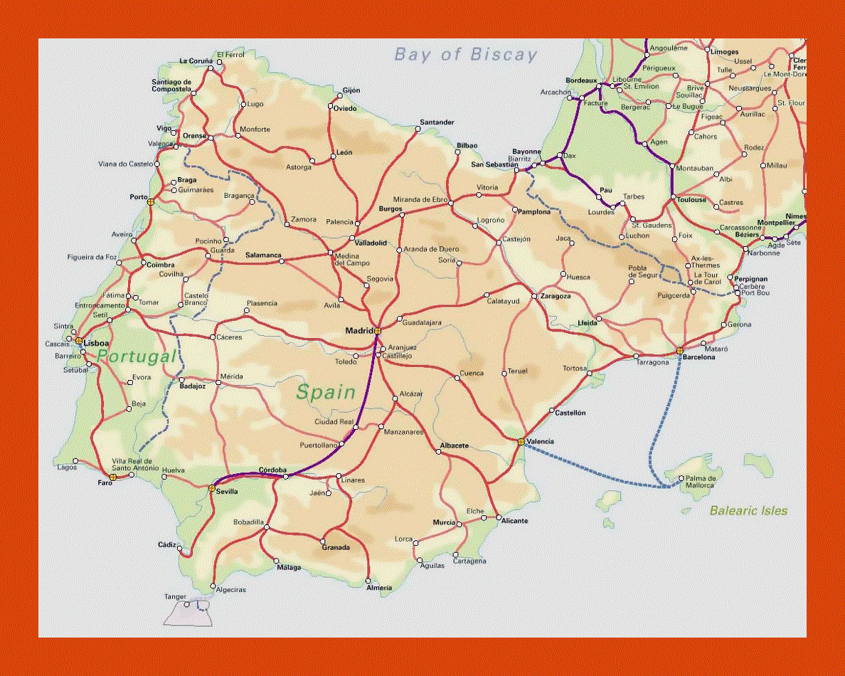 Railroads map of Spain and Portugal