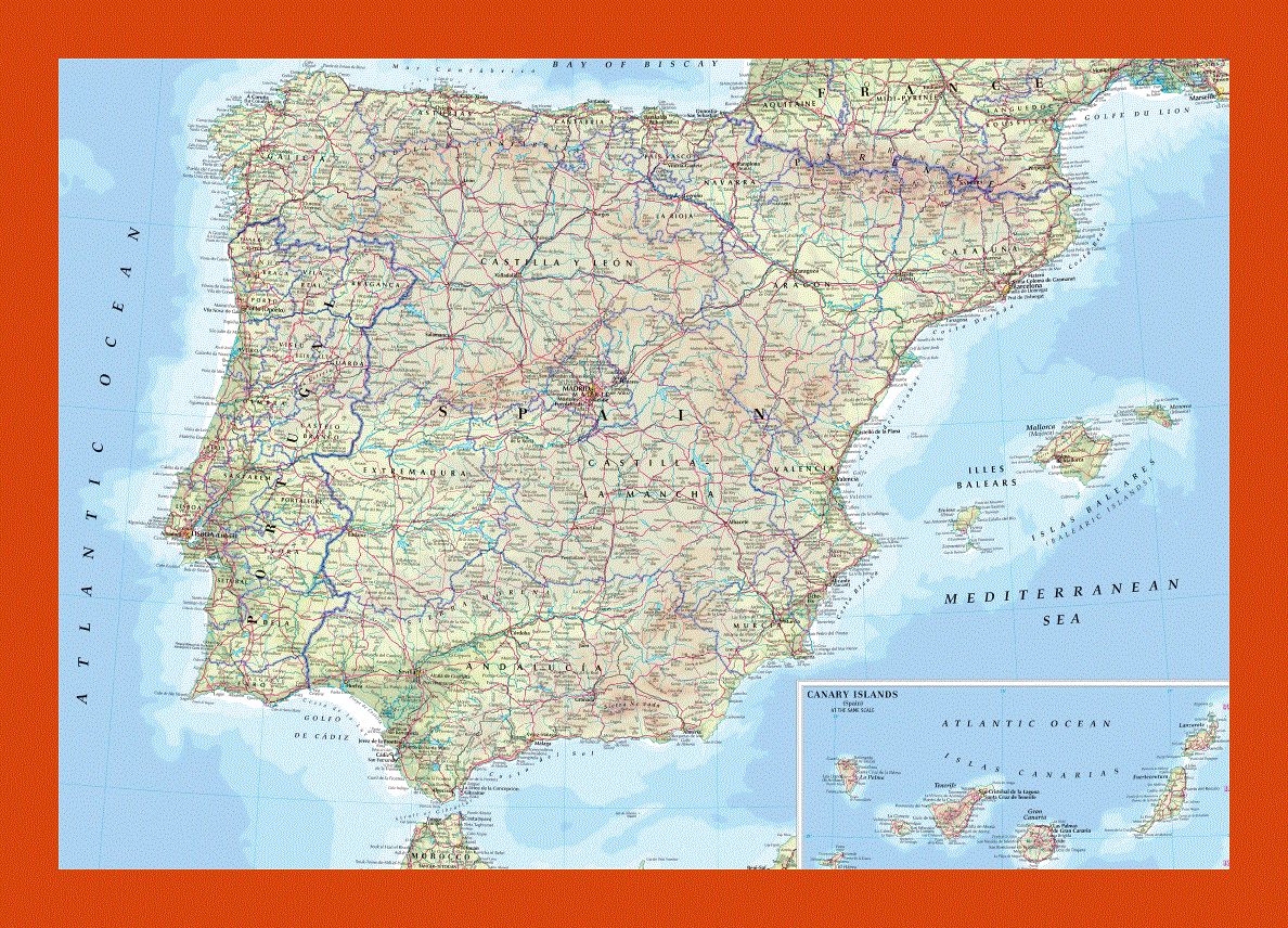 Road map of Spain and Portugal