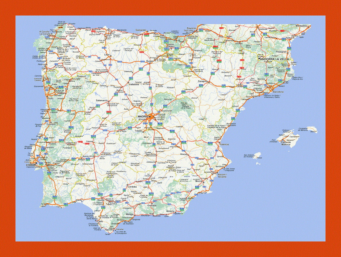 Road map of Spain and Portugal