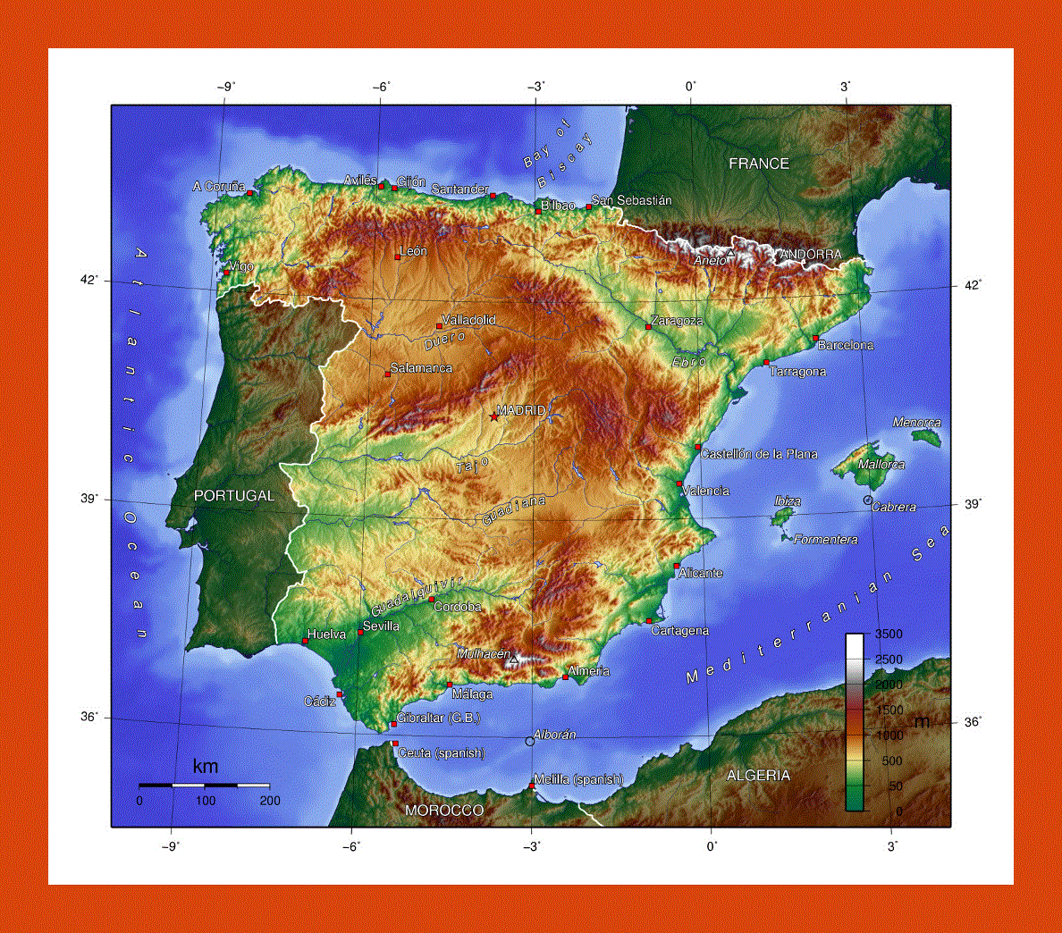 Topographical map of Spain