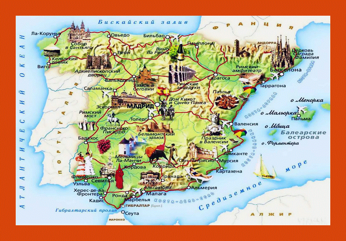 Tourist map of Spain in russian