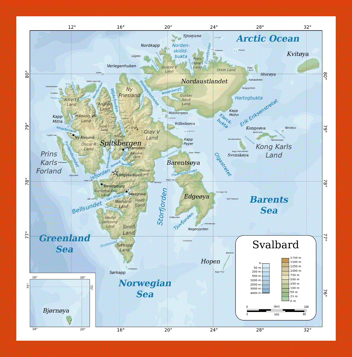 Physical map of Svalbard