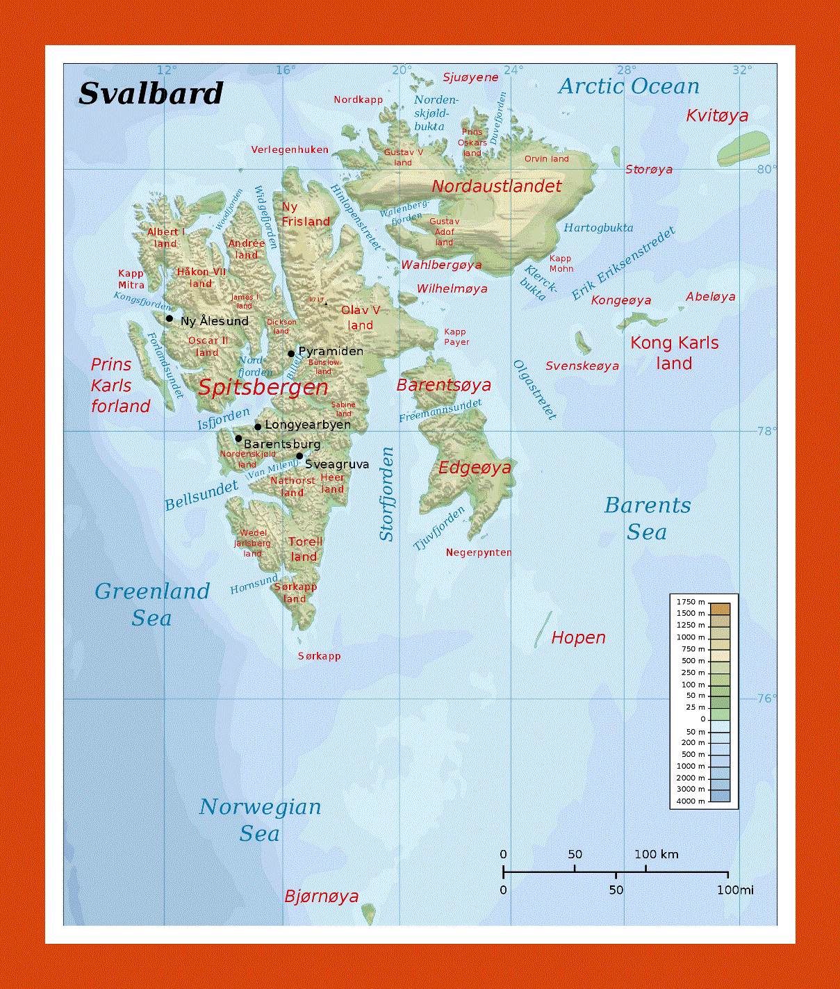 Physical map of Svalbard