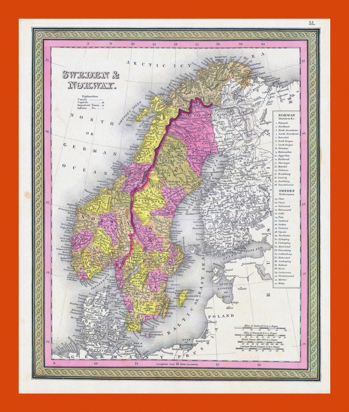 Old political and administrative map of Sweden and Norway - 1850