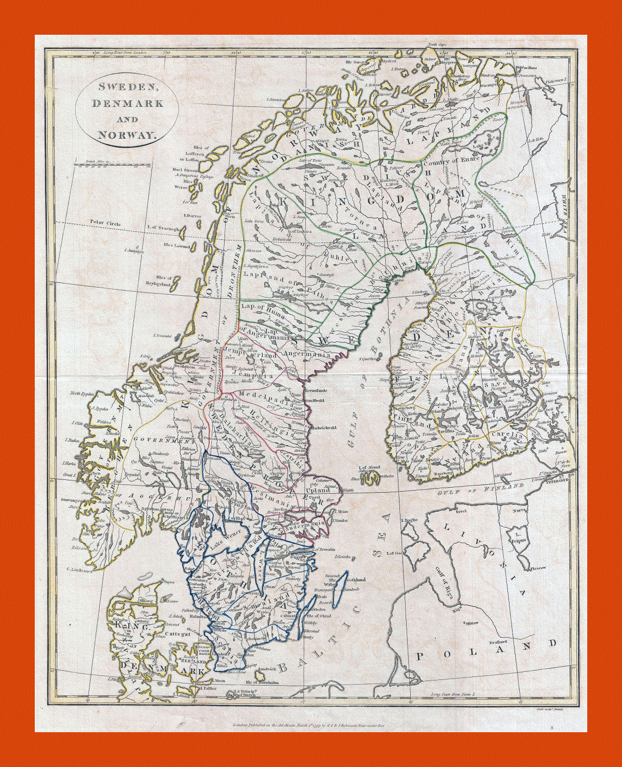 Old political map of Sweden, Denmark and Norway - 1799