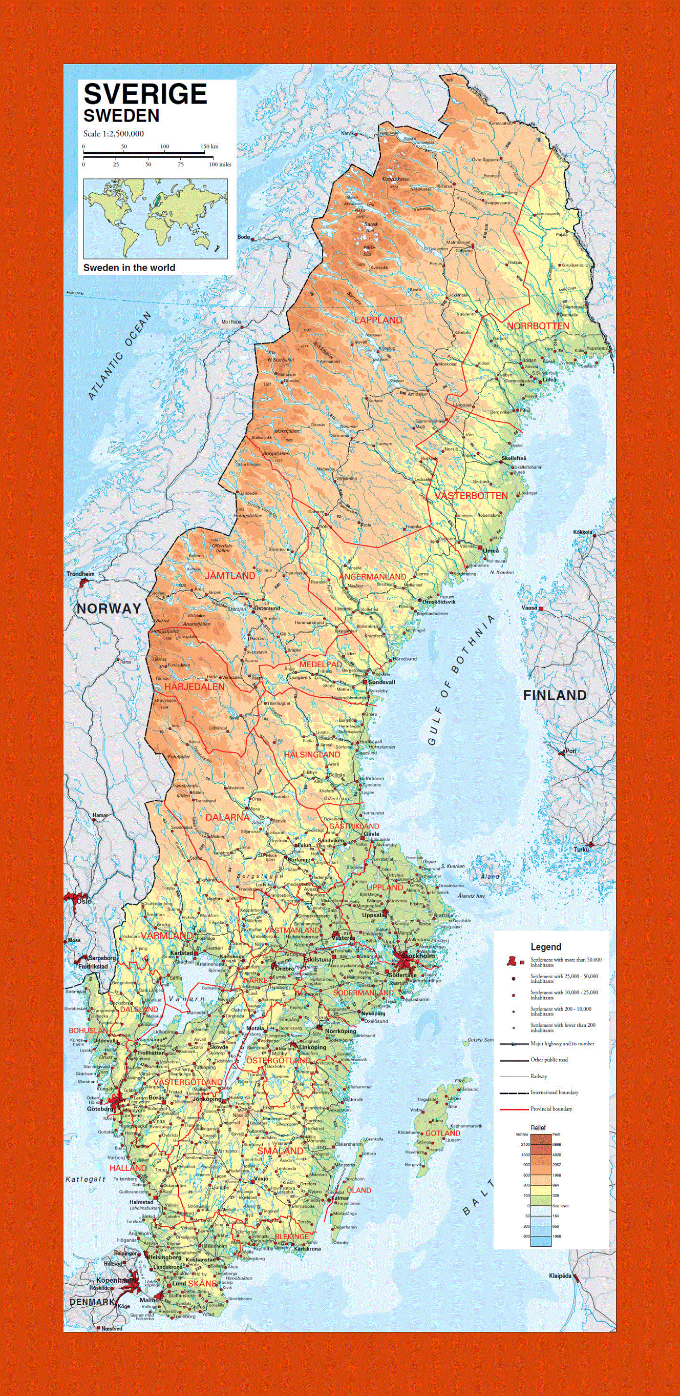 Physical map of Sweden