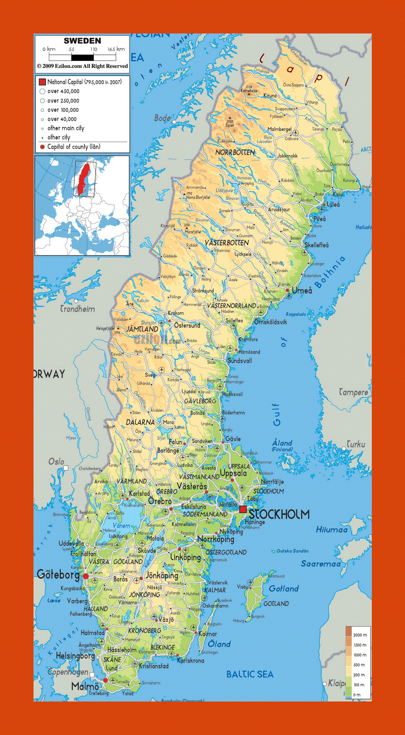 Physical map of Sweden