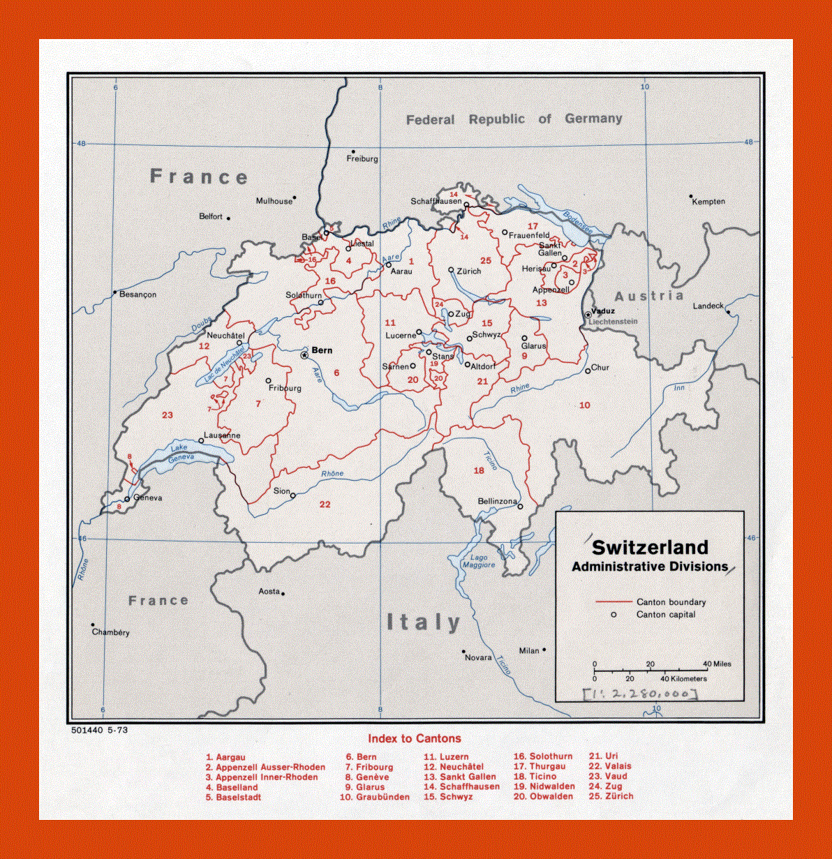 Administrative divisions map of Switzerland - 1973