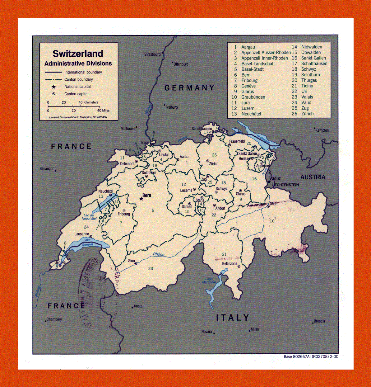 Administrative divisions map of Switzerland - 2000