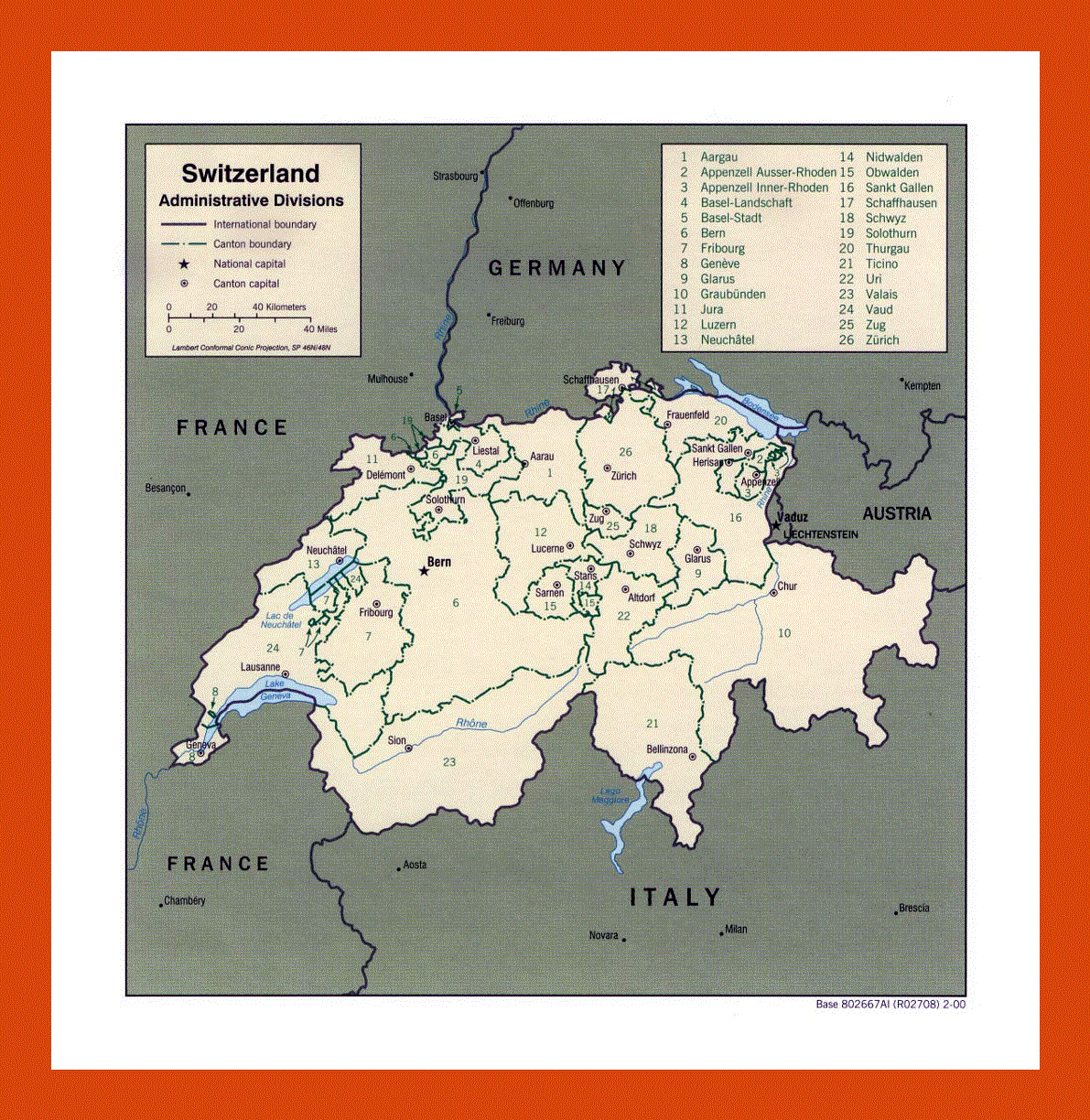 Administrative divisions map of Switzerland