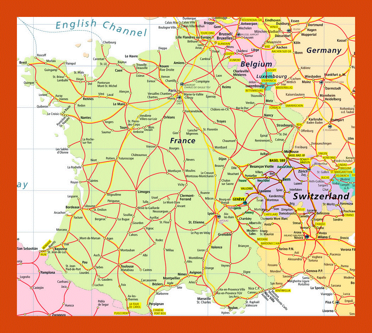 Highways map of France and Switzerland