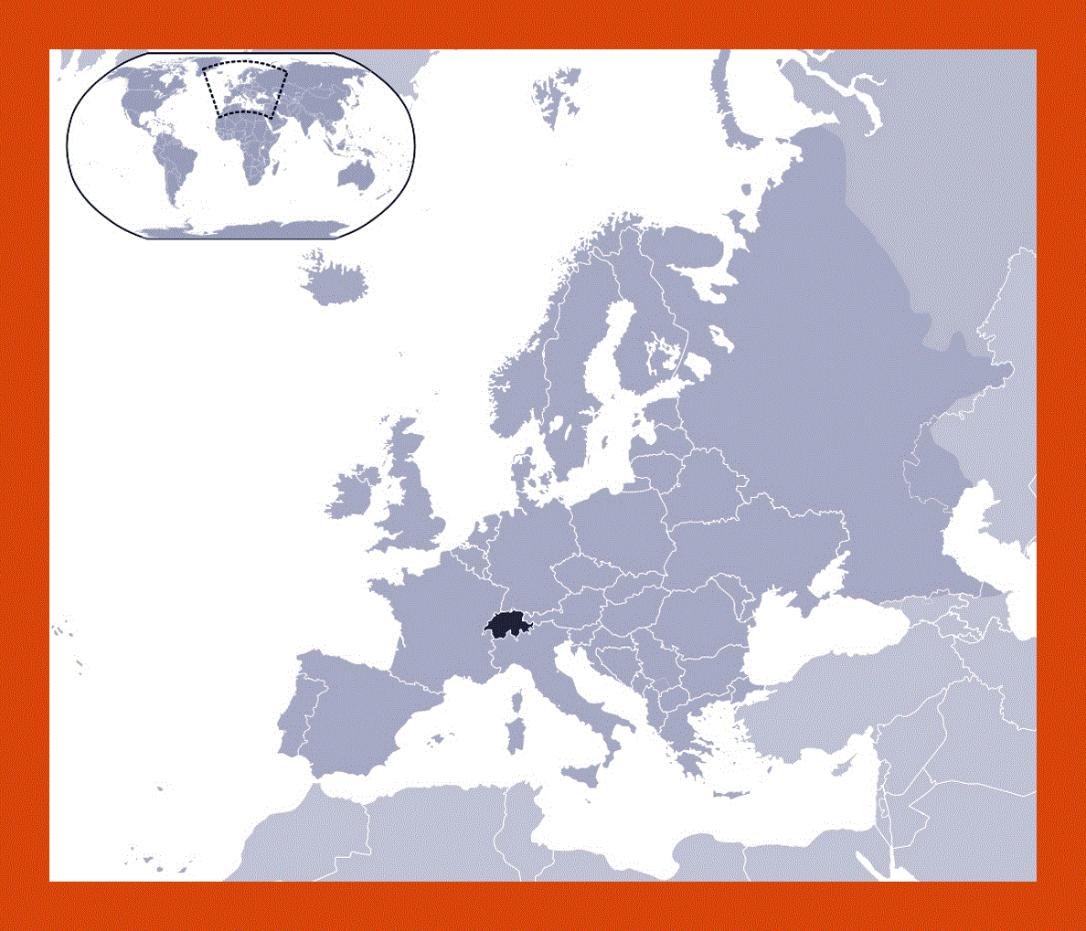 Location map of Switzerland on map of Europe