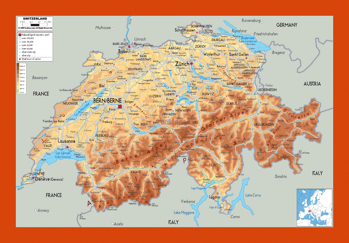 Physical map of Switzerland