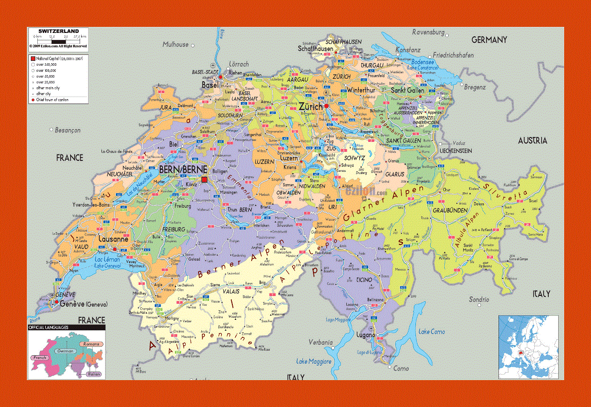 Political and administrative map of Switzerland