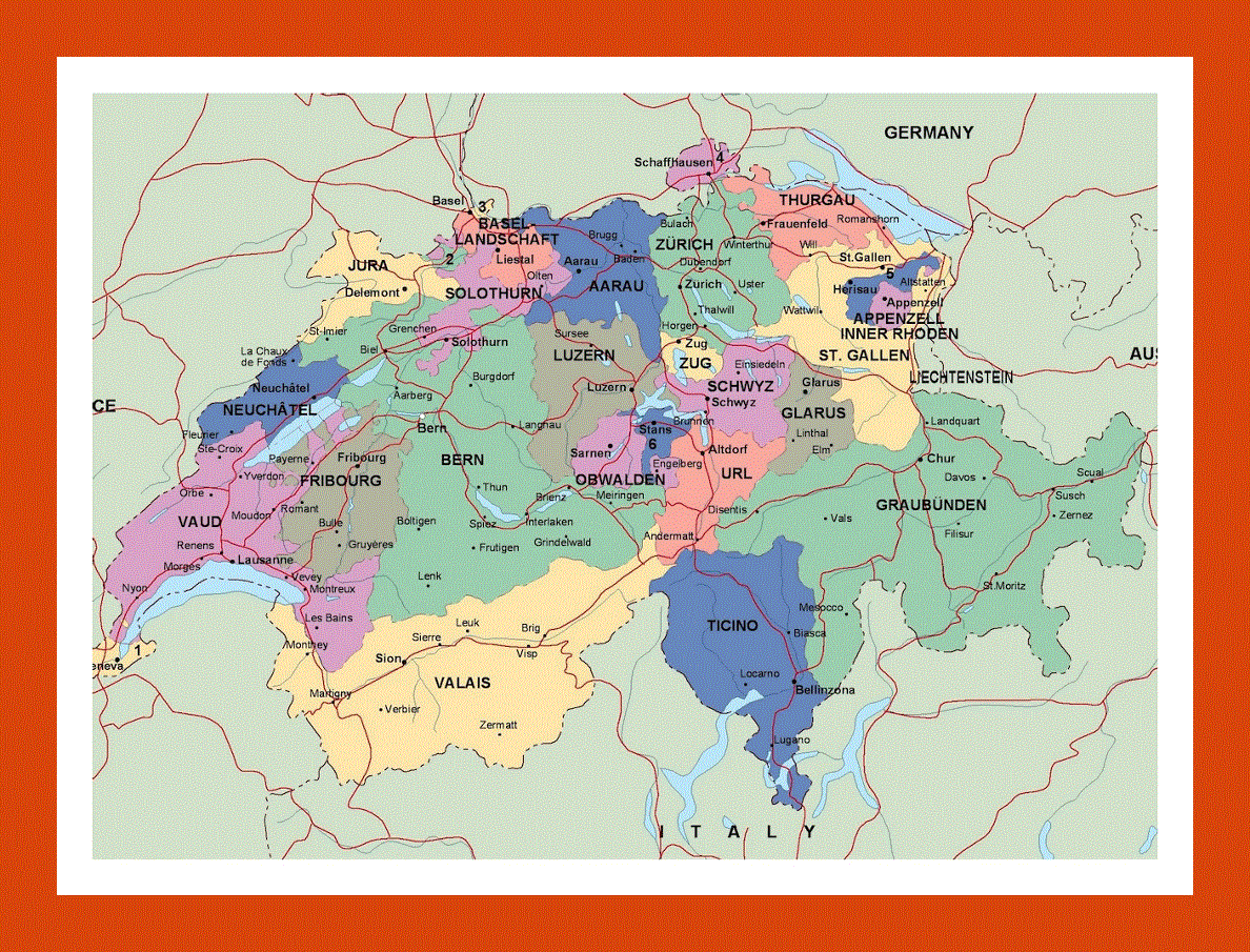 Political and administrative map of Switzerland