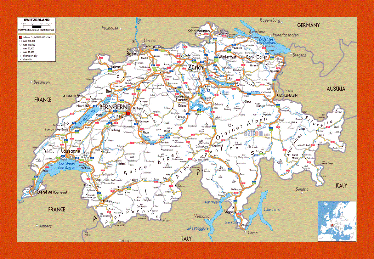 Road map of Switzerland