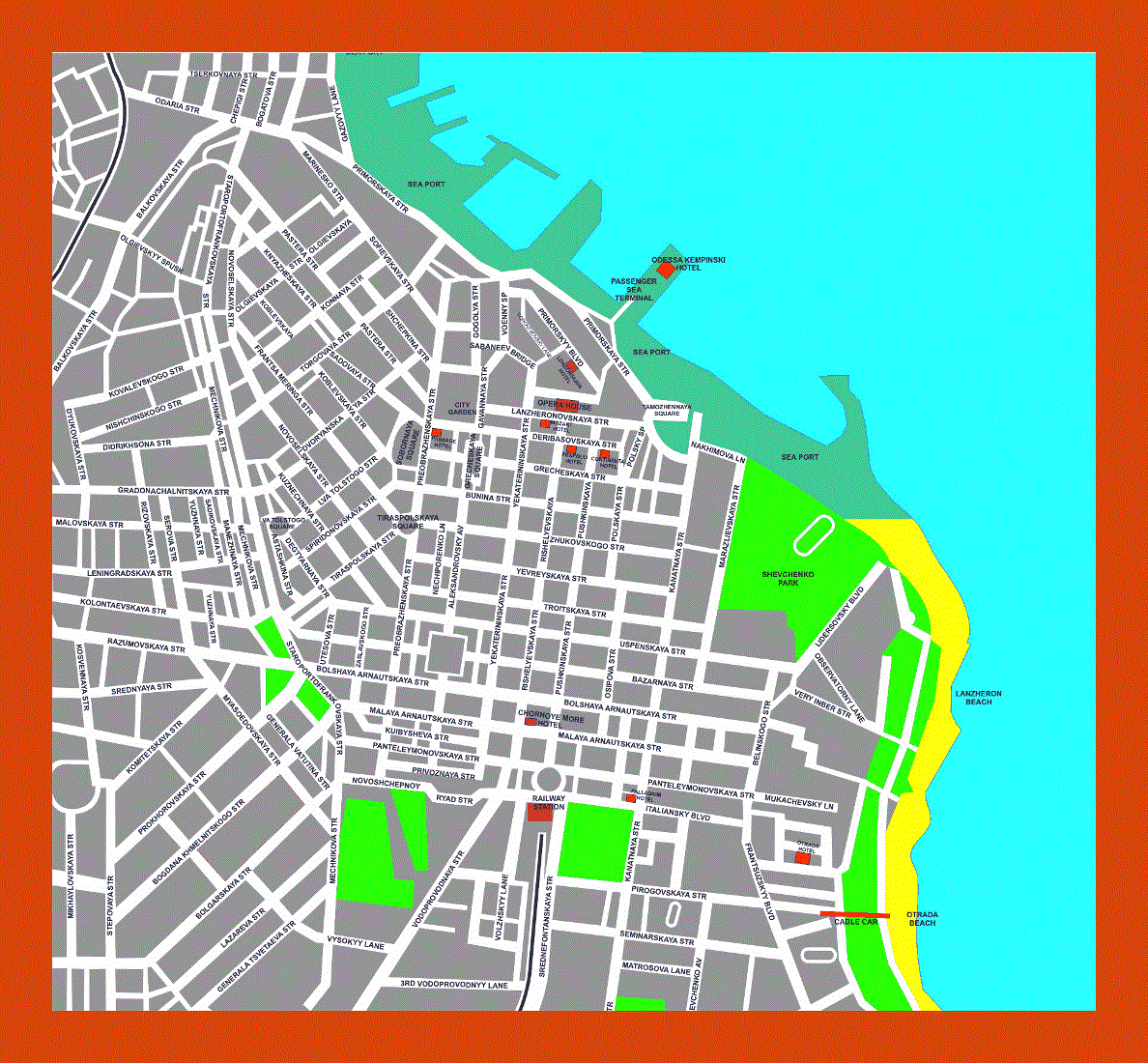 Hotels map of Odessa city center in english