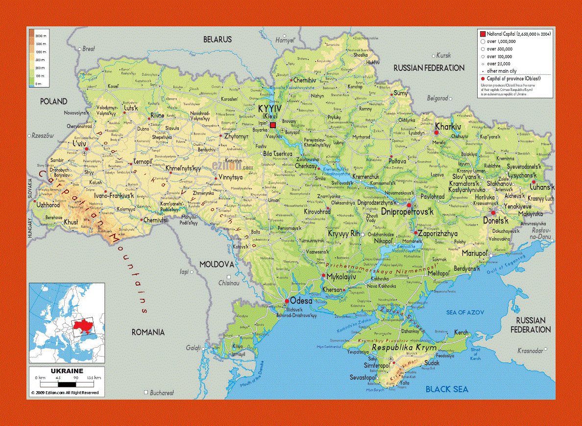 Physical map of Ukraine