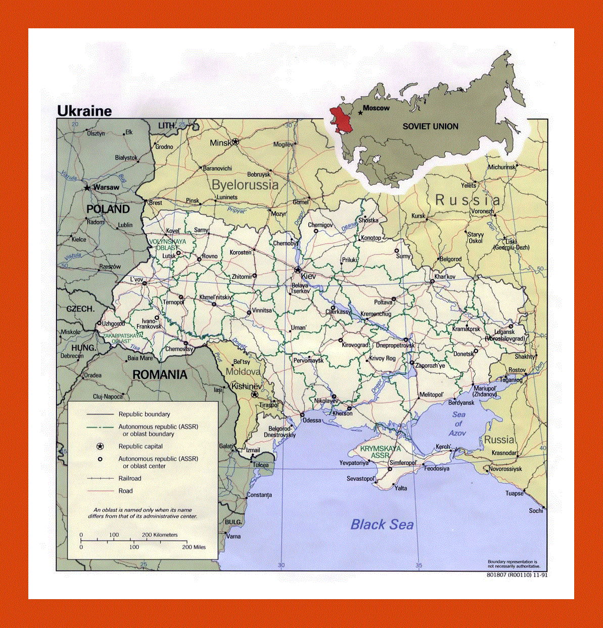 Political and administrative map of Ukraine - 1991