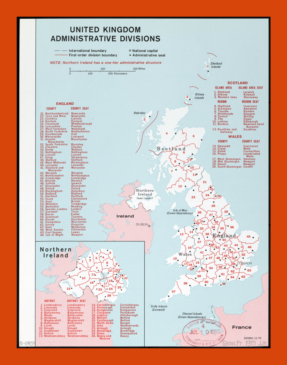 Administrative divisions map of United Kingdom - 1975
