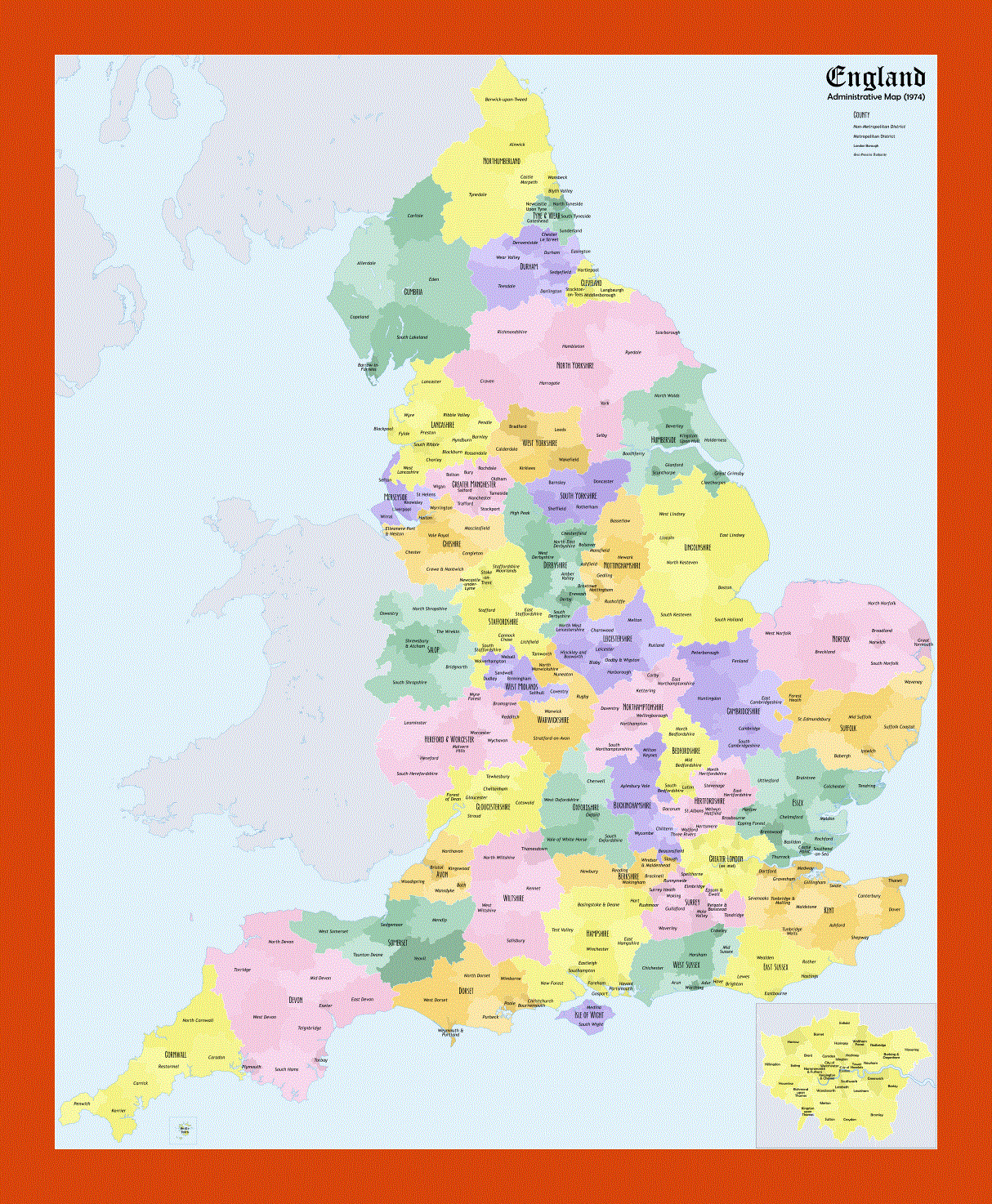 Administrative map of England - 1974