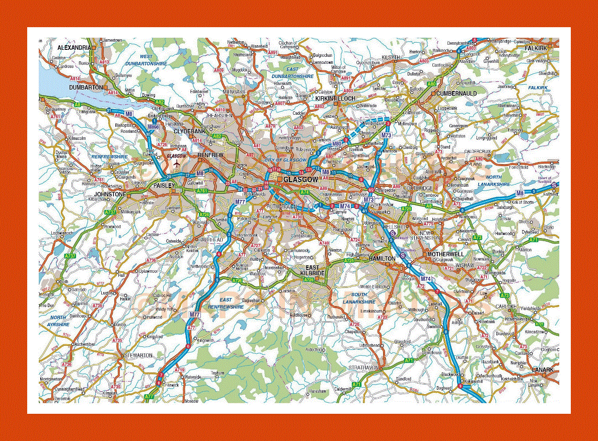 Road map of Glasgow and the surrounding area