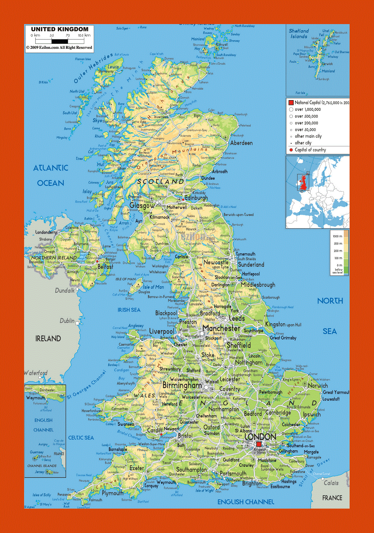 Physical map of United Kingdom