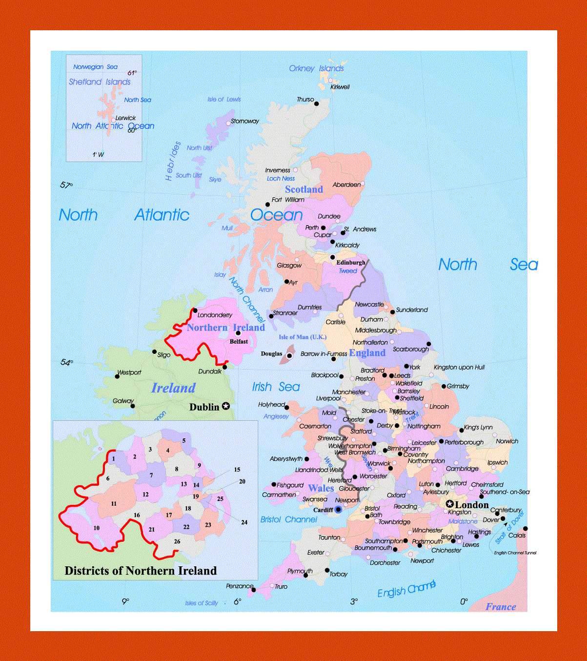 Political and administrative map of United Kingdom