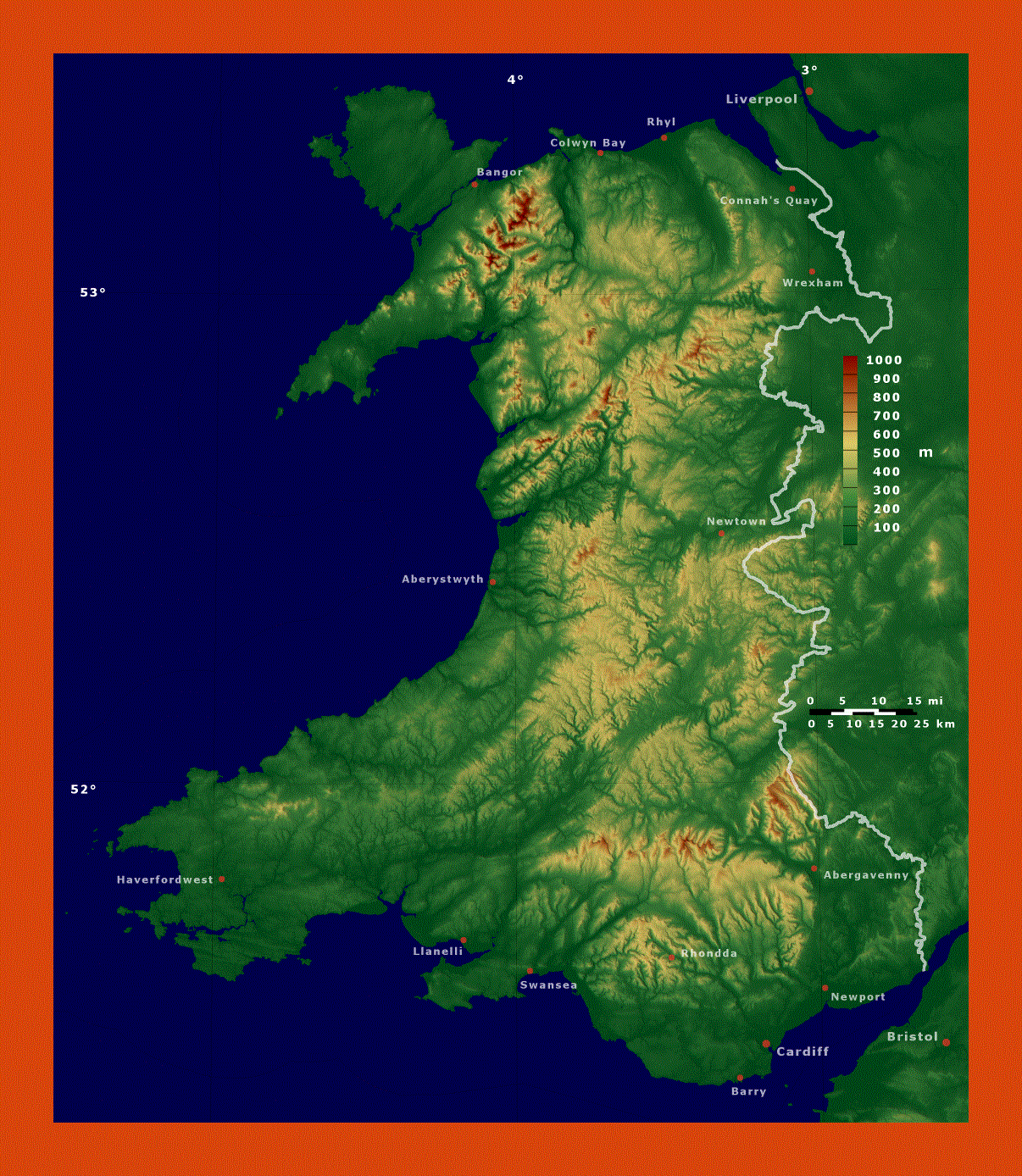 Physical map of Wales