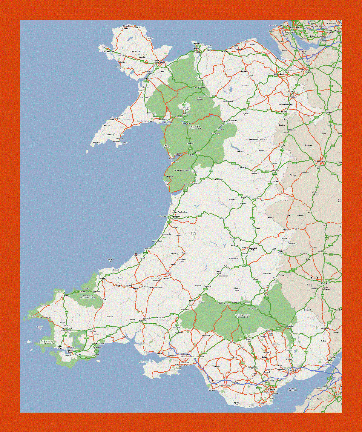 Road map of Wales