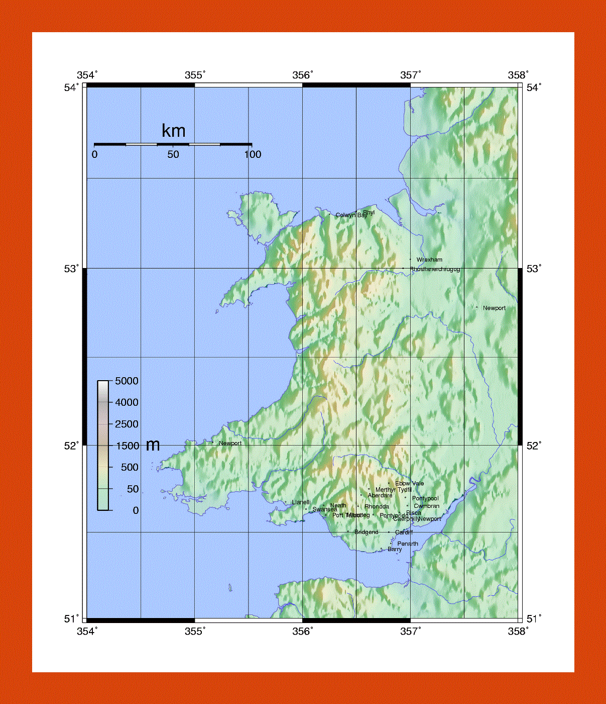 Topographical map of Wales
