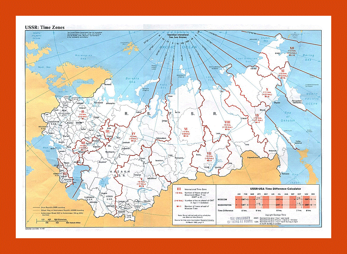 Time Zones map of the USSR - 1982