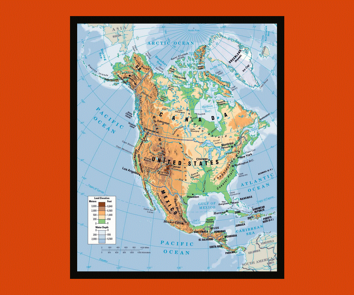 Самая крупная река на материке северная америка. Физ карта Северной Америки. Карта Северной Америки географическая. Физическая карта материка Северная Америка. Карта Северной Америки географическая крупная.