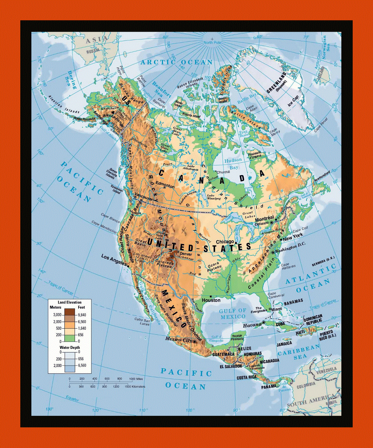 Physical map of North America