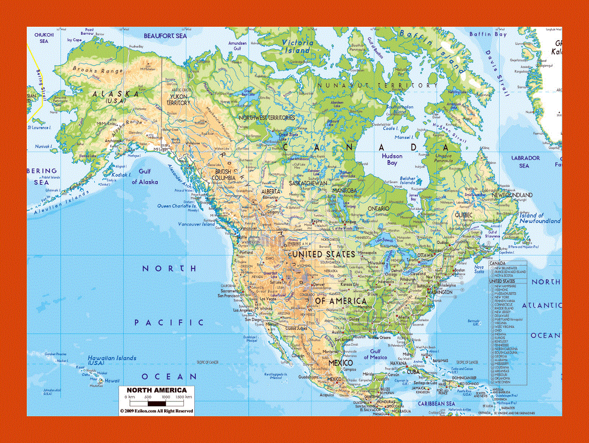 Physical map of North America