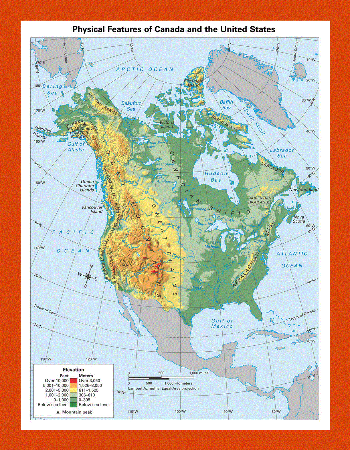 Physical map of North America