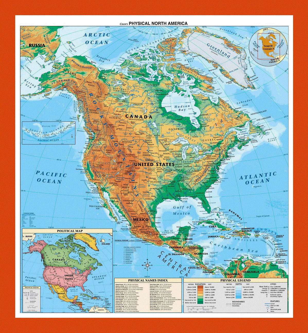 Physical map of North and Central America