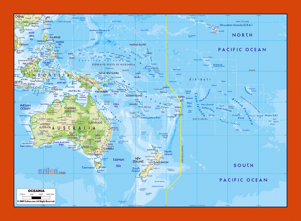 Physical map of Australia and Oceania
