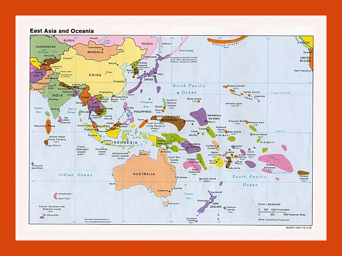 Political map of East Asia and Oceania - 1992