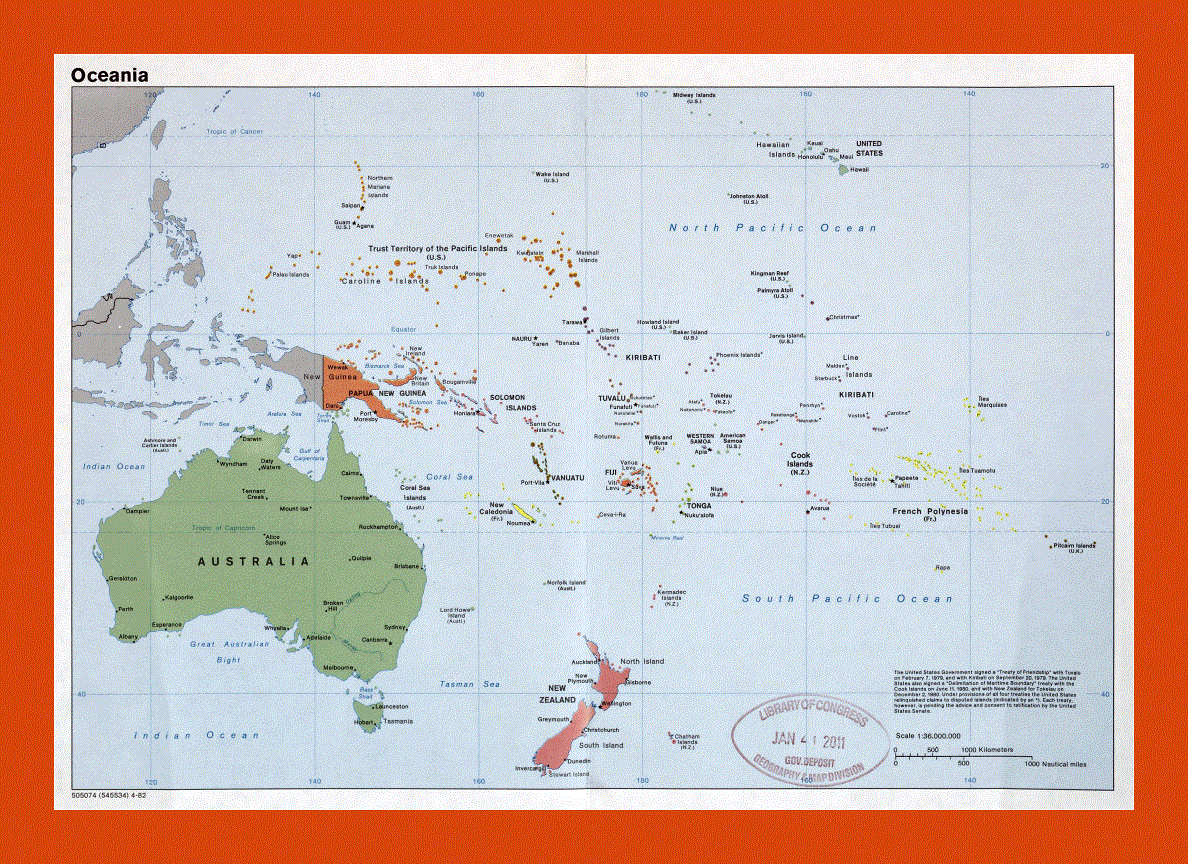 Political map of Oceania - 1982
