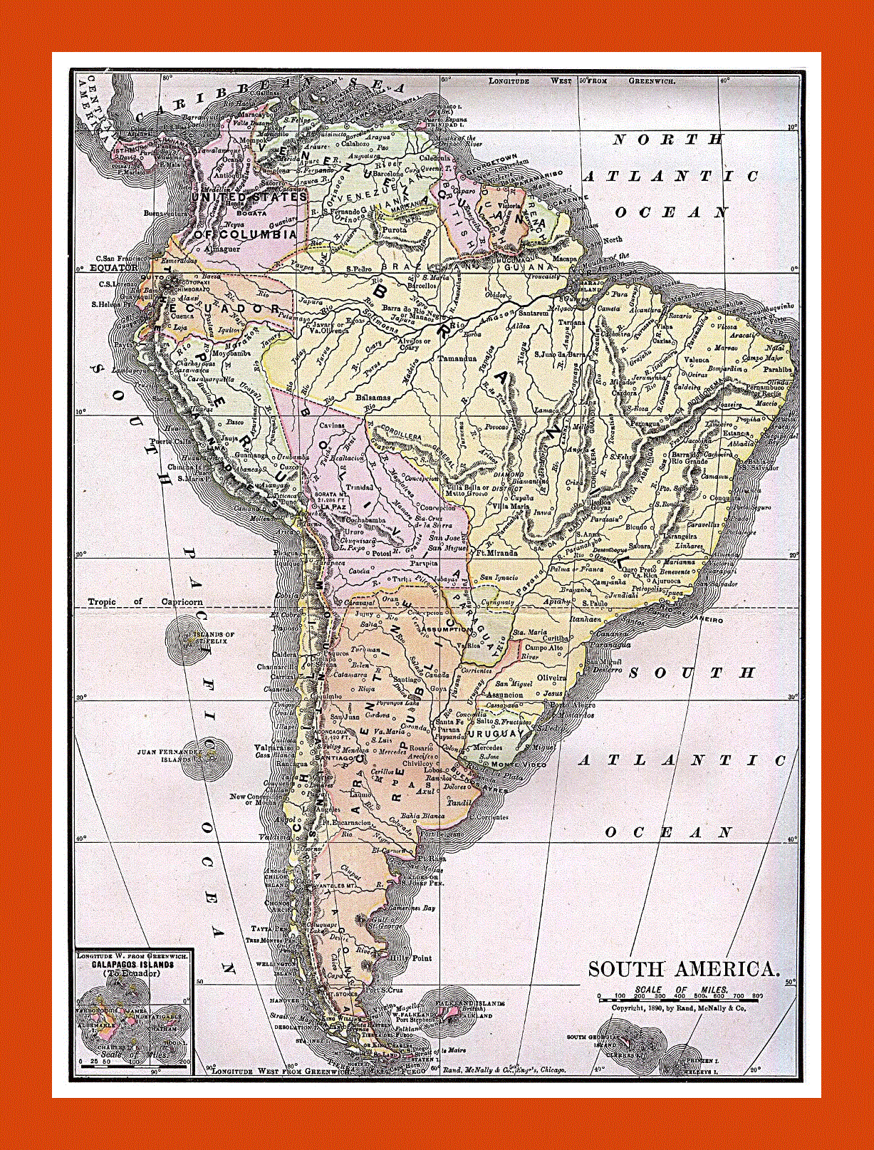 Old political map of South America - 1892