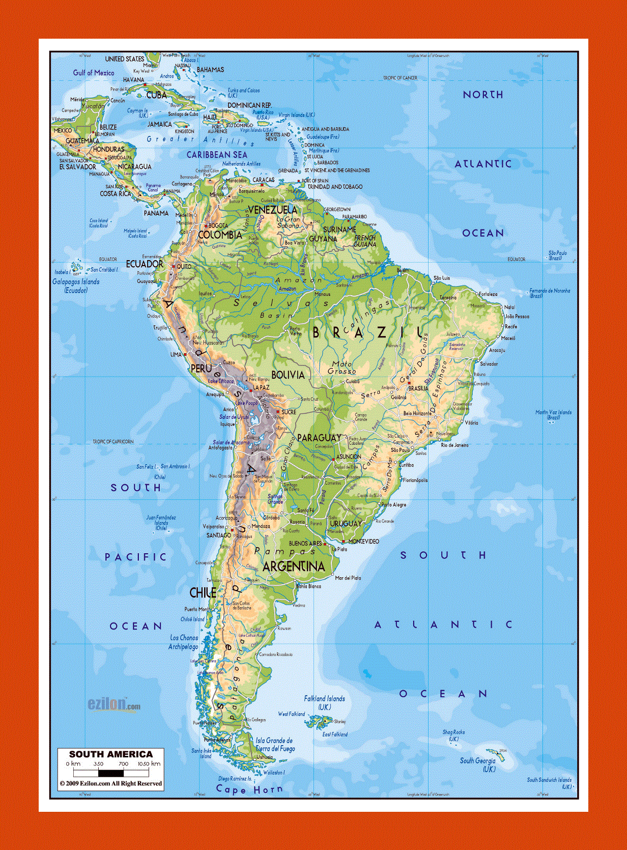 Physical map of South America