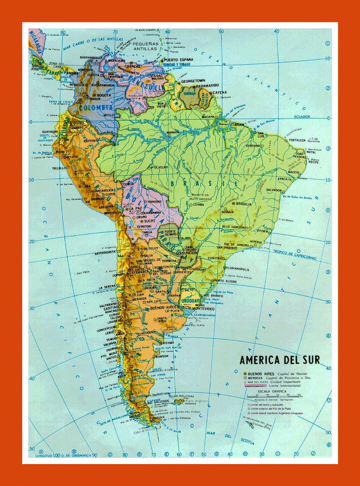 Political and hydrographic map of South America