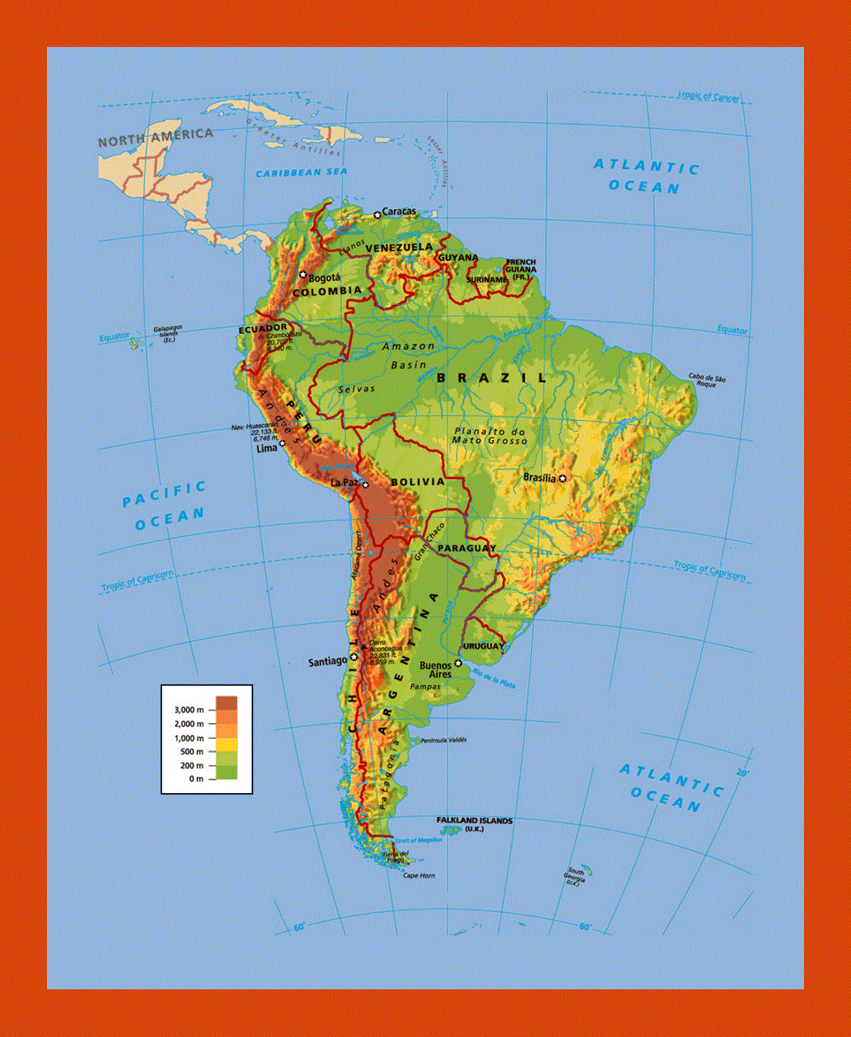Political and physical map of South America
