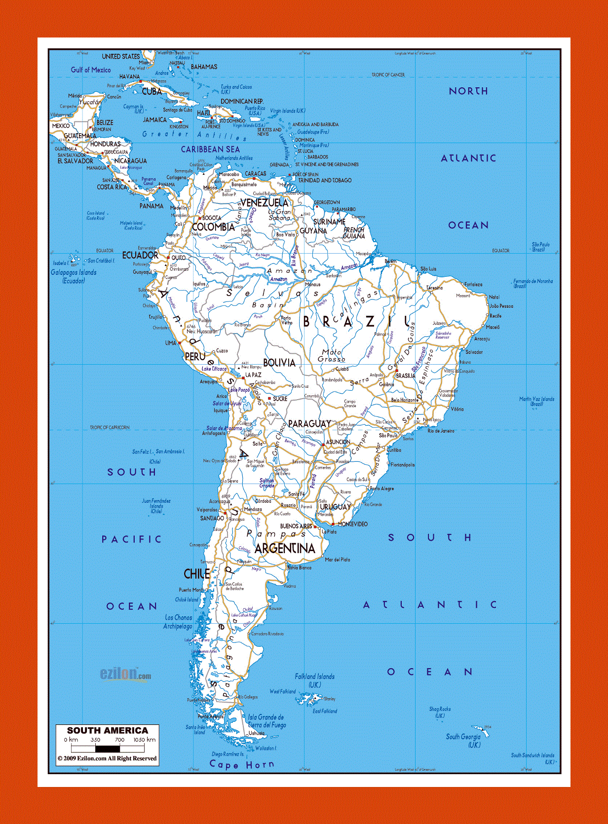 Road map of South America